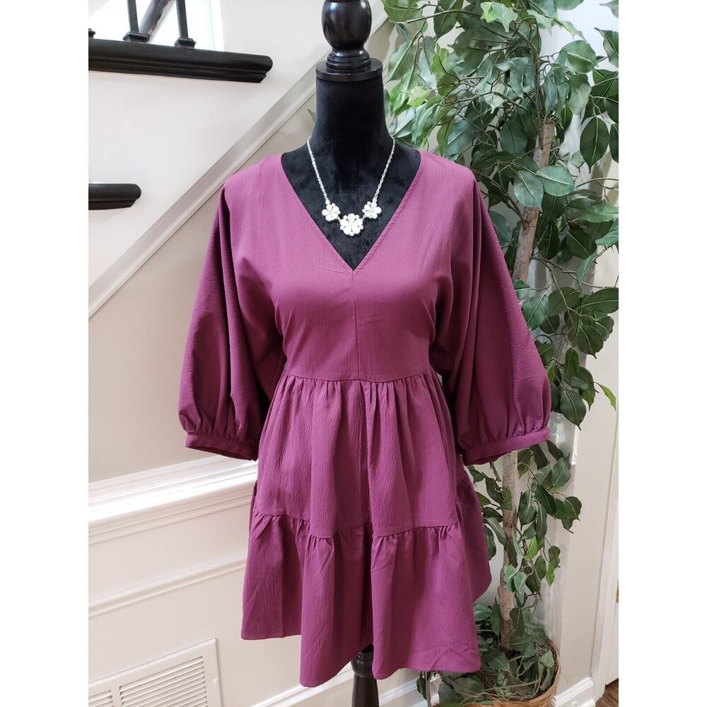 Entro Women's Purple Pleated Polyester Short Sleeve‎ V Neck Tunic Dress Size S